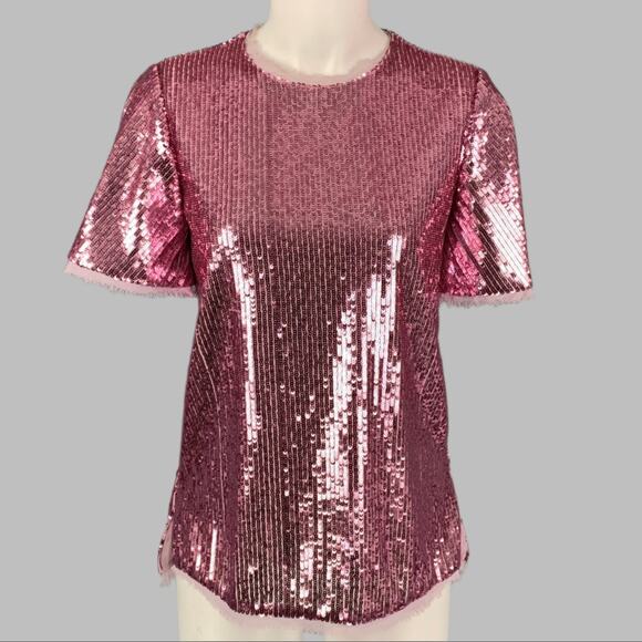 PRABAL GURUNG Size 0 Pink Polyester Sequined Raw Edge Dress Top - Picture 1 of 5